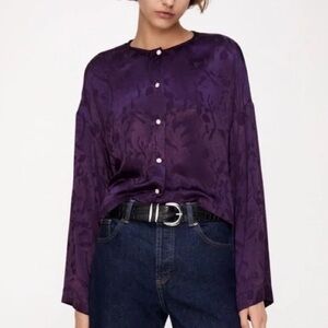 Zara purple jacquard party blouse Medium kimono button down